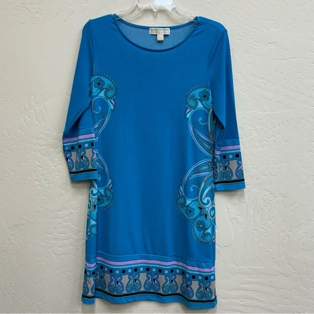 Michael Kors Blue Midi Dress with a Paisley Pattern 3/4 Sleeve & Round Neck